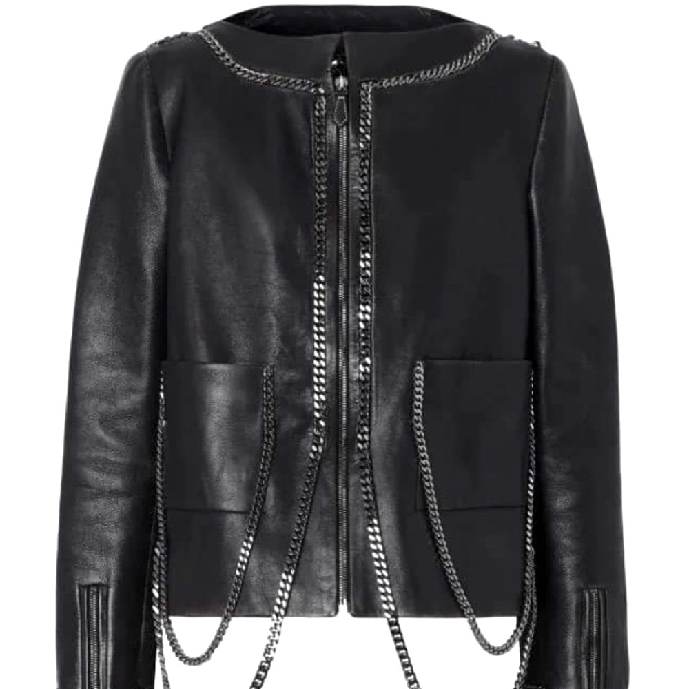 Burberry women’s black leather jacket chain link metal chain detail s US 8/UK 10